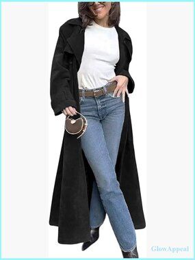 Faux Suede Long Trench Coat Double Breasted Pea Coat with Belt